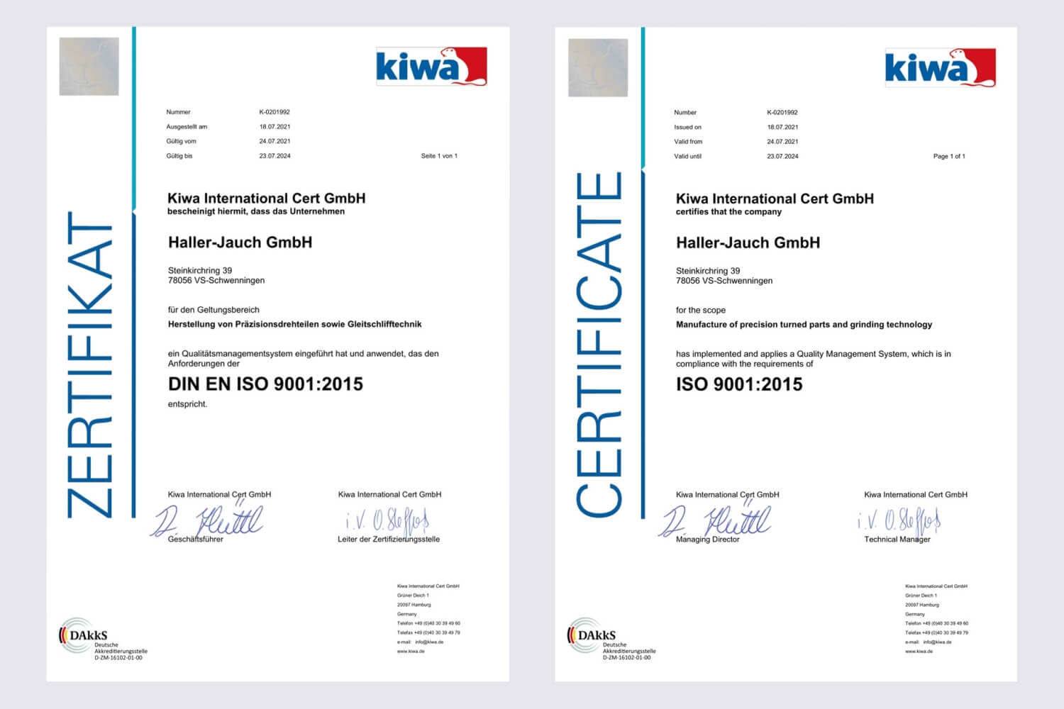 Präzisionsdrehteile – zertifizierte Herstellung – DIN EN ISO 9001 Qualitätsmanagement-Zertifikat von Haller-Jauch